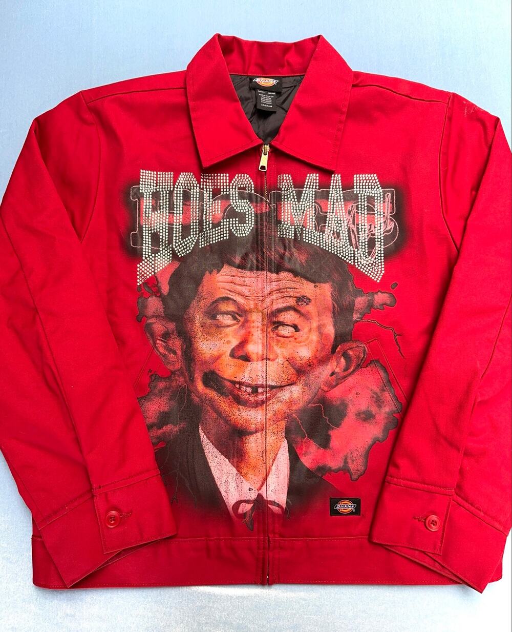 Hoes Mad Dickies Jacket Red Large L Alfred E Neuman Rhinestone Airbrush Work